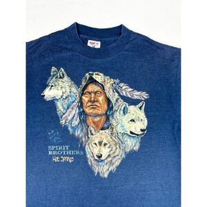 Vintage 90s Native American Wolf T-Shirt Hot Springs Blue Large Single Stitch